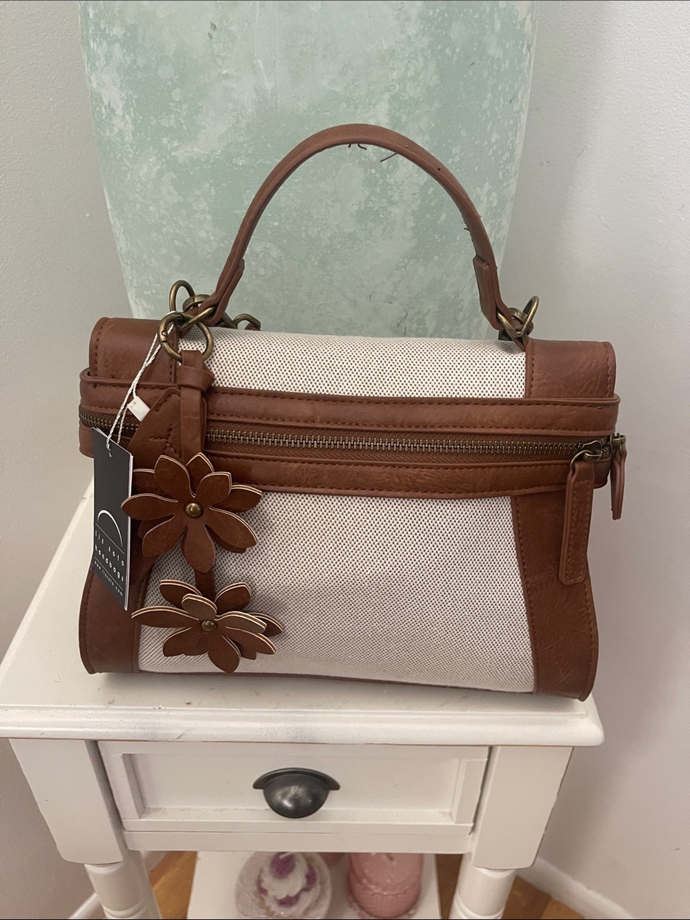 Liz Soto Faux and  Canvas Satchel-Brown and Cream